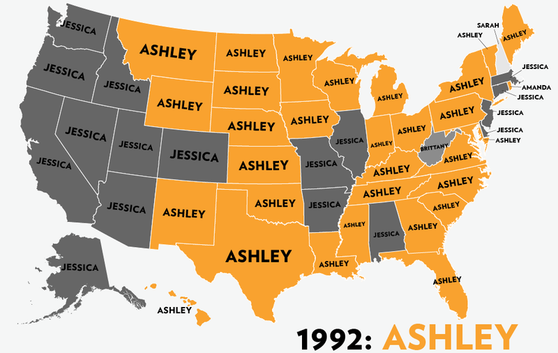 Illustration for article titled Map: Six Decades of the Most Popular Names for Girls, State-by-State